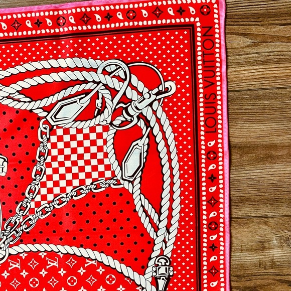 100% silk Vibrant Red Scarf with White and Black Accents - Picture 6 of 13